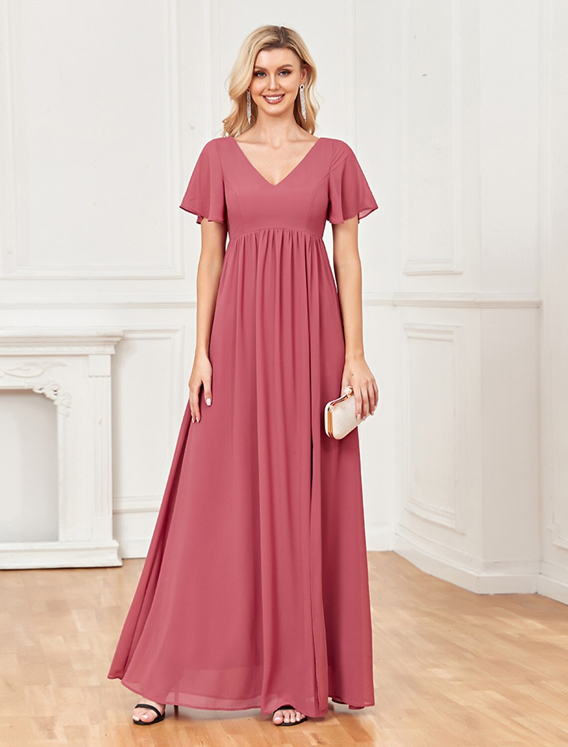 Abito da sera a trapezio, stile impero, da festa, da sposa, lungo, manica corta, scollo a V, in chiffon, con spacco sulla schiena